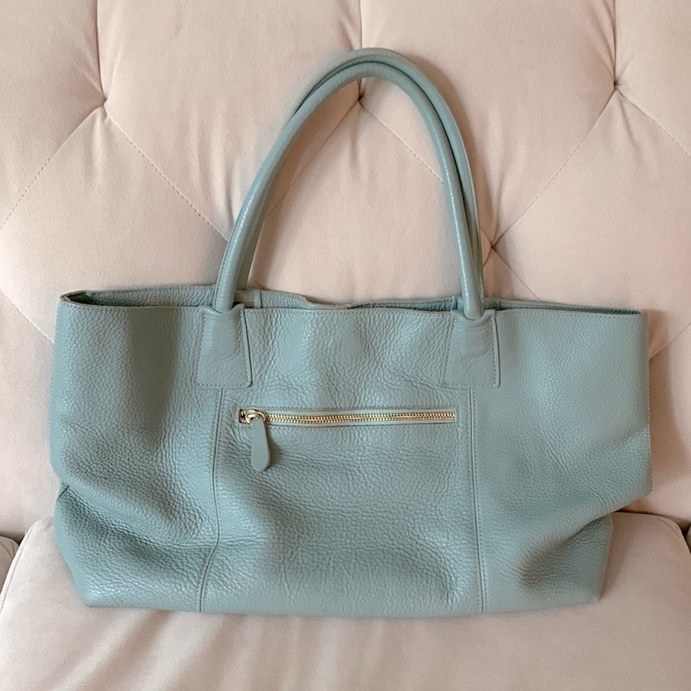 Teal Aqua Leather Tote Bag with Gold Zipper Hardware Work Bag